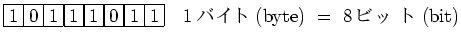 $\displaystyle \framebox{1}\framebox{0}\framebox{1}\framebox{1}
\framebox{1}\framebox{0}\framebox{1}\framebox{1}    1バイト({\rm byte})\
= 8ビット({\rm bit})$