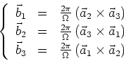 \begin{displaymath}\left\{
\begin{array}{c c l}
\vec{b}_{1} & = & \frac{2\pi}{\O...
...left( \vec{a}_{1} \times \vec{a}_{2} \right)
\end{array}\right.\end{displaymath}