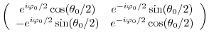 $\displaystyle \left( \begin{array}{cc} e^{i\varphi_{0}/2} \cos(\theta_{0}/2) & ...
...in(\theta_{0}/2) &
e^{-i\varphi_{0}/2} \cos(\theta_{0}/2)
\end{array} \right)$